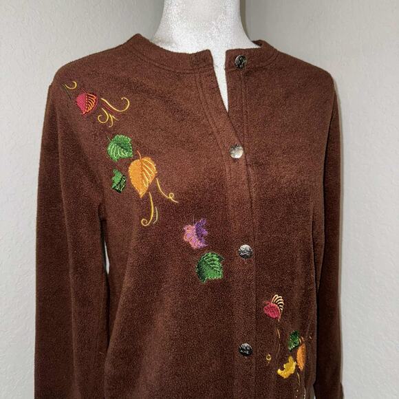 Chicos Cardigan Sweater Womens Small Brown Embroidered Leaf Button Front Teacher - Picture 1 of 9